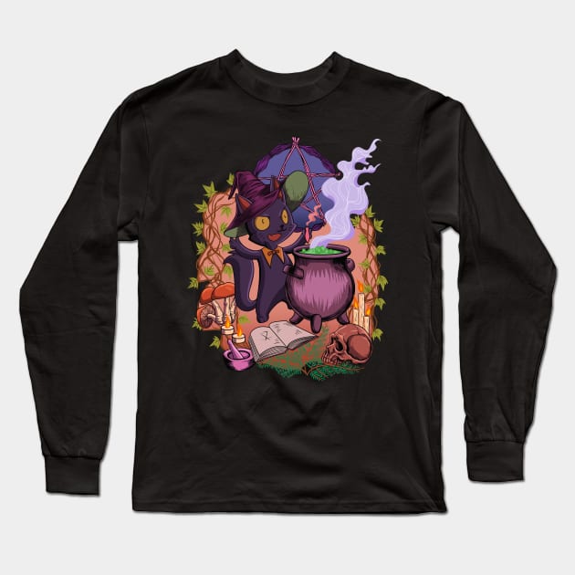 Witchcore - at the cauldron stands the witch cat Long Sleeve T-Shirt by Modern Medieval Design